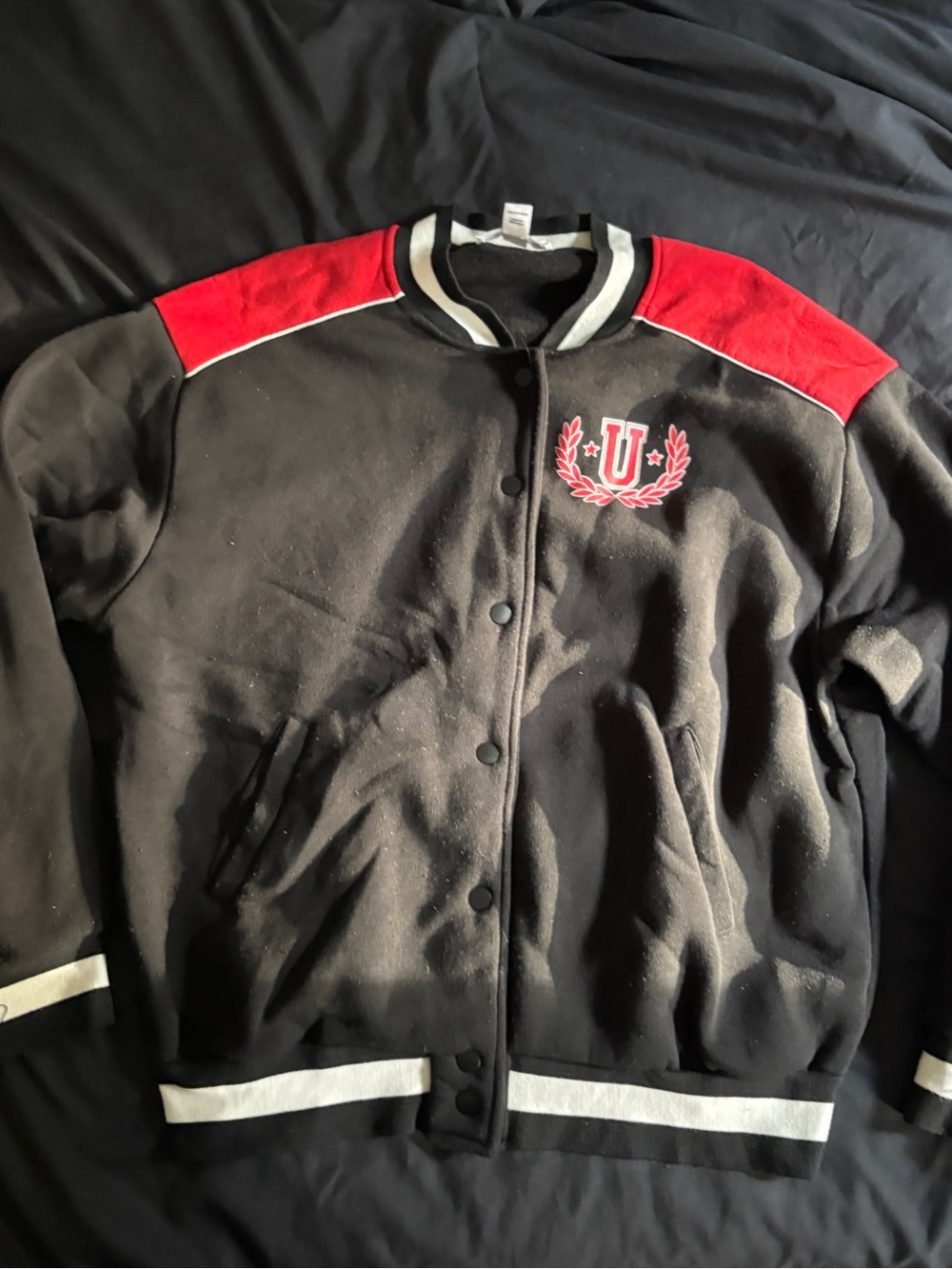 Black and Red Men's Varsity-Style Bomber Jacket with 'U' Crest